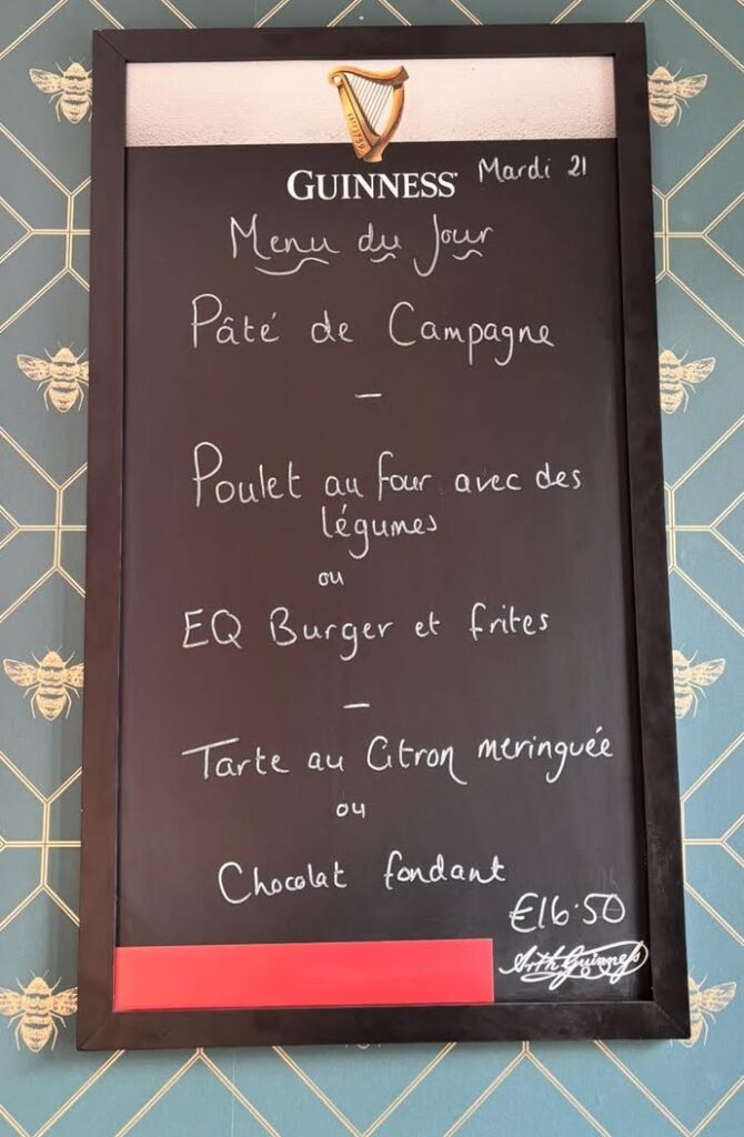 A sample menu du jour at The Emerald Quartier in Romagne