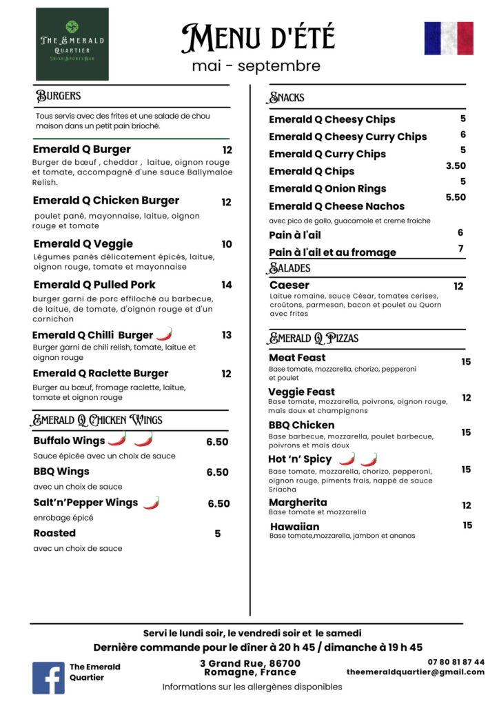 The Emerald Quartier evening menu